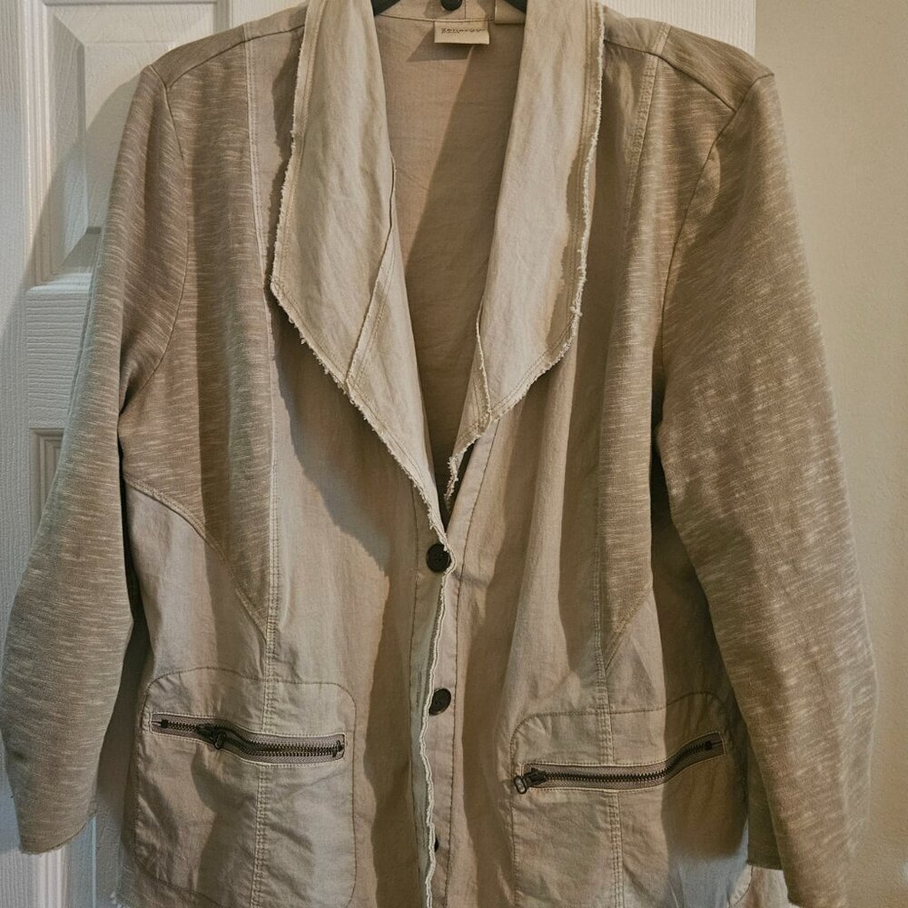 Zenergy Chico's Oatmeal stretch Minamalist Beige 3/4 Sleeve cotton crop Jacket L - Picture 2 of 7